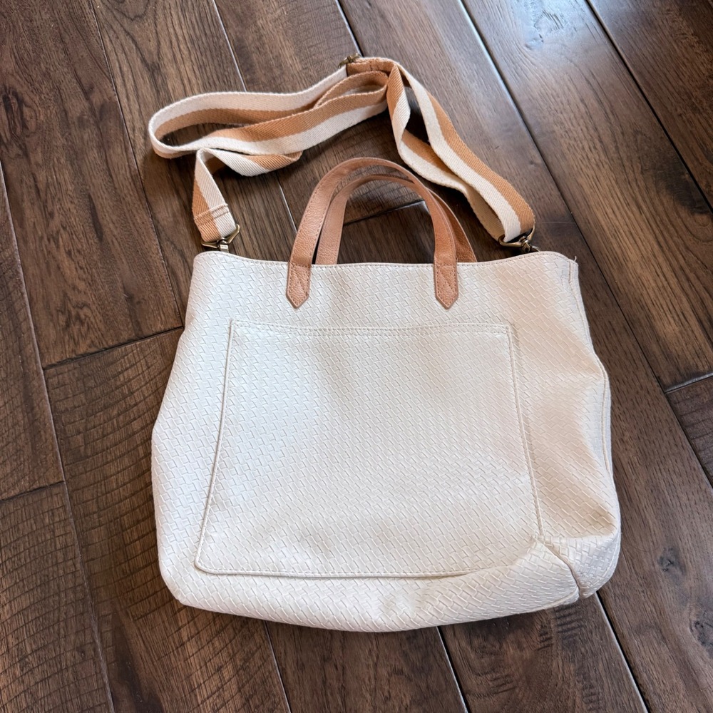Thirty-One Cream Woven Tote Bag with Striped crossbody purse
